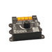 Moss LED Mini-Cine single channel rotary dimmer V2 black metal enclosure isometric view showing orange terminal block rotary knob with OFF ON markings and Moss LED branding