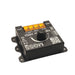 Moss LED Mini-Cine single channel rotary dimmer V2 black metal enclosure top angle view showing orange terminal block rotary knob Moss LED branding and mounting holes