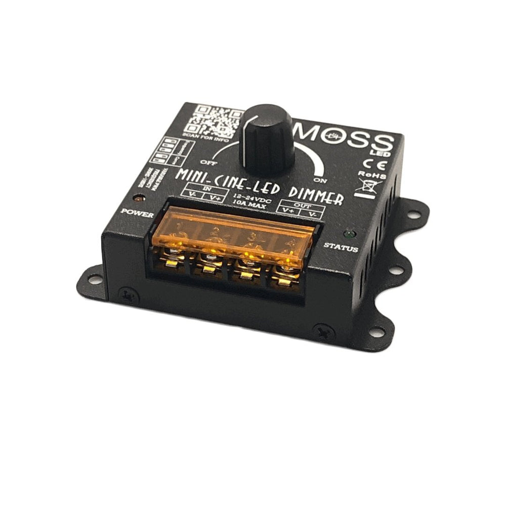 Moss LED Mini-Cine single channel rotary dimmer V2 straight front view showing complete product with orange terminal block rotary knob product label and Moss LED CE RoHS branding on black enclosure
