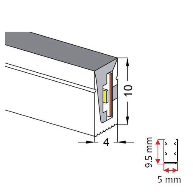 Moss LED MiniNeon FlexLED spec diagram cross section 5mm wide 9.5mm tall 10mm depth dimensions 24V