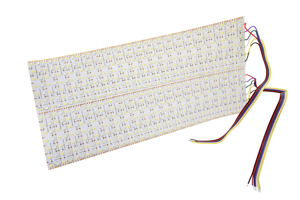 Moss LED ML14 Panel FlexLED RGB+WW+CW – 500mm × 240mm flexible LED panel with bare wire leads showing RGB, warm white, and cool white channel connections, for film, television, and live entertainment lighting