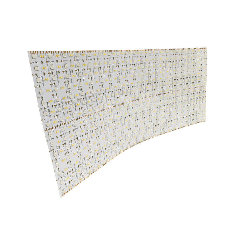 Moss LED ML14 Panel FlexLED RGB+WW+CW – 500mm × 240mm flexible LED panel curved to demonstrate flexibility, showing RGB, warm white, and cool white chip layout, for film, television, and live entertainment lighting