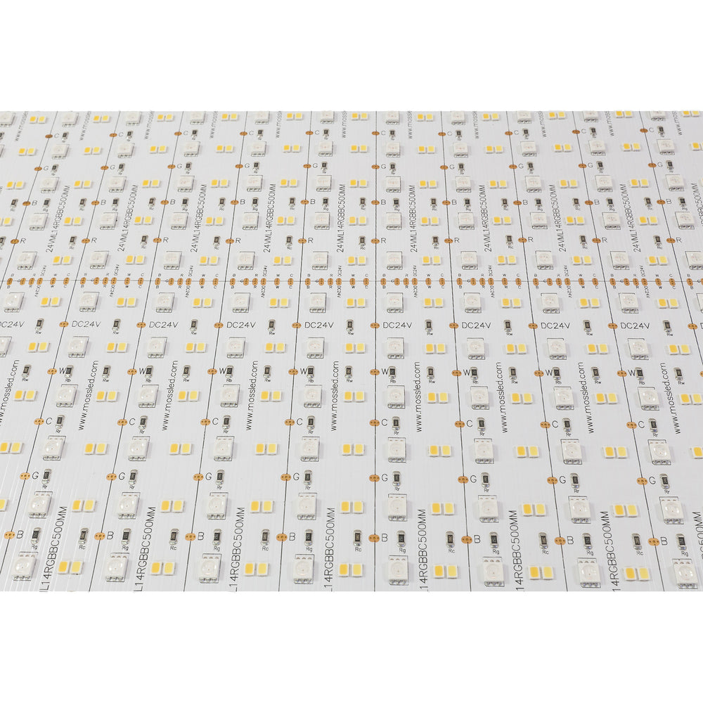 Moss LED ML14 Panel FlexLED RGB+WW+CW – Close-up of panel surface showing RGB, warm white, and cool white LED chip groupings, solder pads, and 24VDC PCB markings, for film, television, and live entertainment lighting