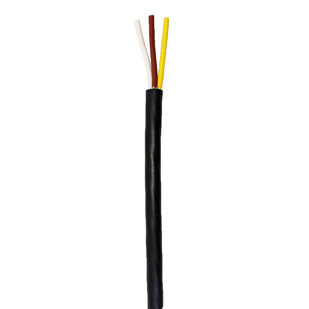 Moss LED multi-conductor cable service grade SJTOOW 3-conductor black jacket with red white and yellow wires for low voltage LED power and control on white background