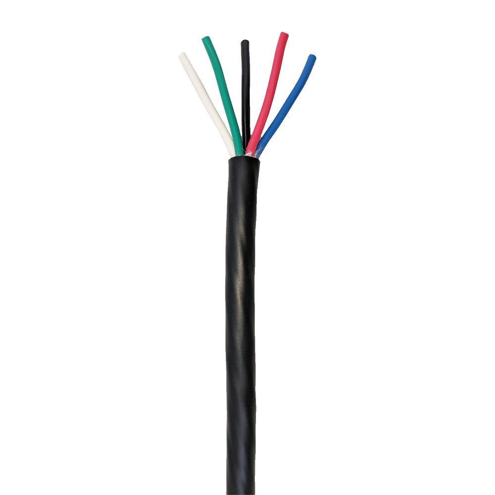Moss LED multi-conductor cable service grade SJTOOW 5-conductor black jacket with green white red blue and black wires for low voltage LED RGB plus power on white background