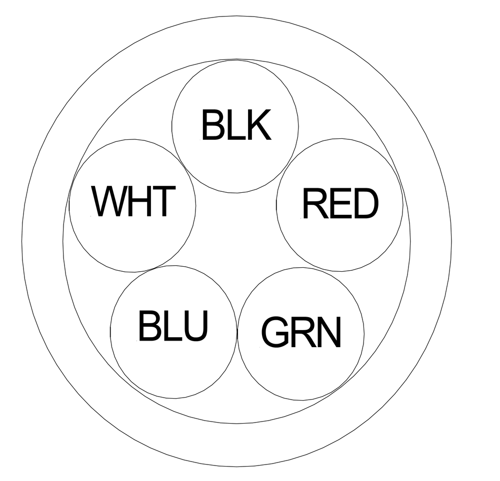 Moss LED multi-conductor cable service grade SJTOOW 5-conductor cross-section diagram showing black white red blue and green wire layout inside outer jacket