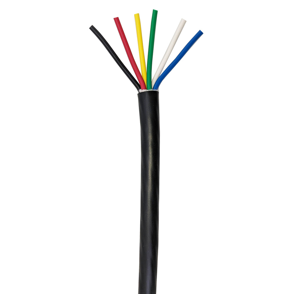 Moss LED multi-conductor cable service grade SJTOOW 6-conductor black jacket with yellow red white green blue and black wires for low voltage LED RGBW plus power on white background