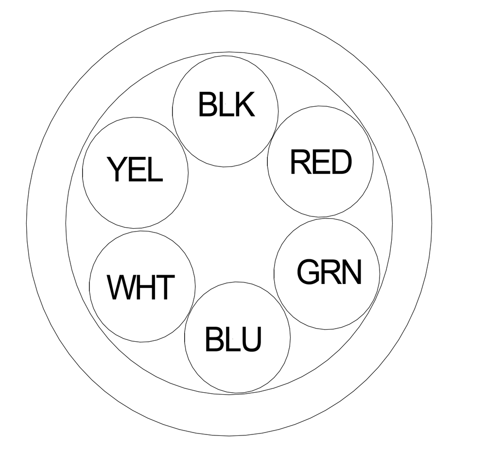 Moss LED multi-conductor cable service grade SJTOOW 6-conductor cross-section diagram showing black yellow red white green and blue wire layout inside outer jacket
