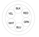 Moss LED multi-conductor cable service grade SJTOOW 6-conductor cross-section diagram showing black yellow red white green and blue wire layout inside outer jacket