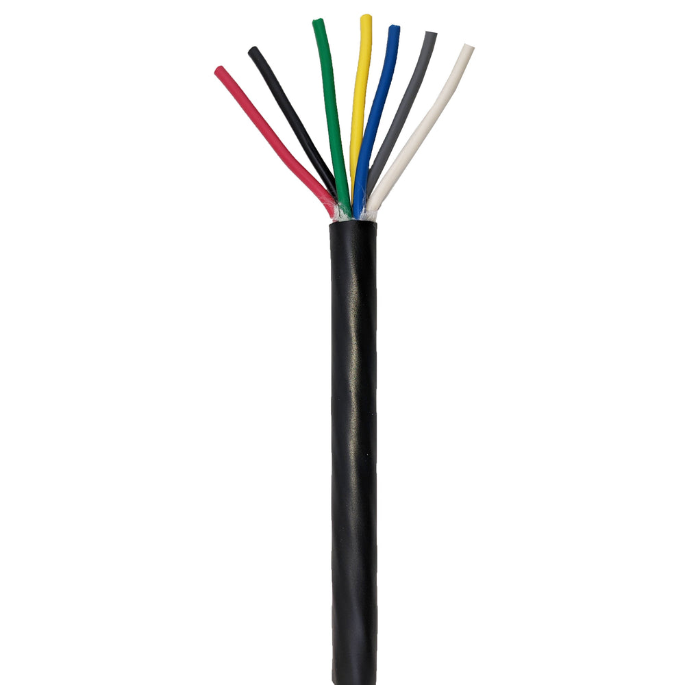 Moss LED multi-conductor cable service grade SJTOOW 18AWG black jacket with 8 exposed colored wire conductors for low voltage LED power transmission on white background