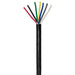 Moss LED multi-conductor cable service grade SJTOOW 18AWG black jacket with 8 exposed colored wire conductors for low voltage LED power transmission on white background