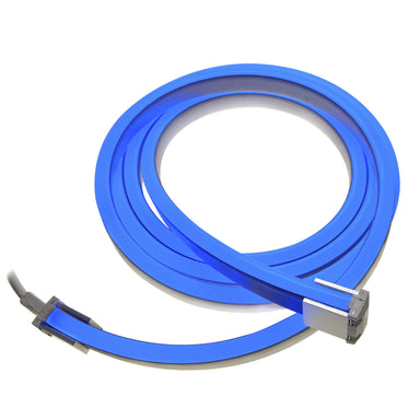 MossLED Neon FlexLED blue RGB 24V flexible silicone neon LED strip coiled with power connectors on white background