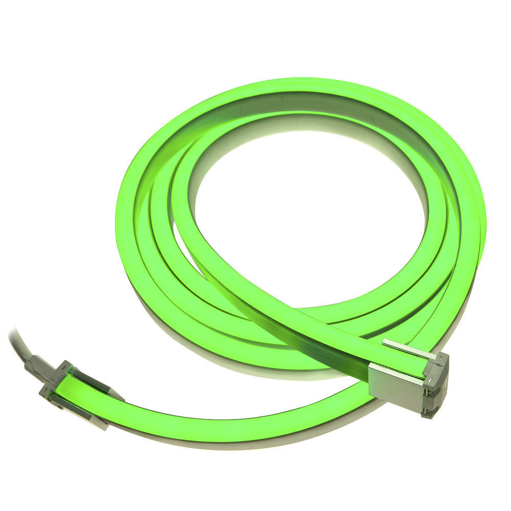 MossLED Neon FlexLED green RGB 24V flexible silicone neon LED strip coiled with power connectors on white background