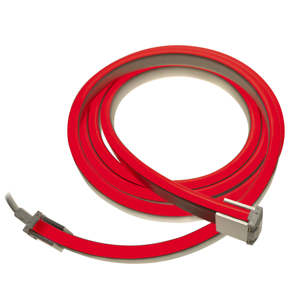 MossLED Neon FlexLED red RGB 24V flexible silicone neon LED strip coiled with power connectors on white background