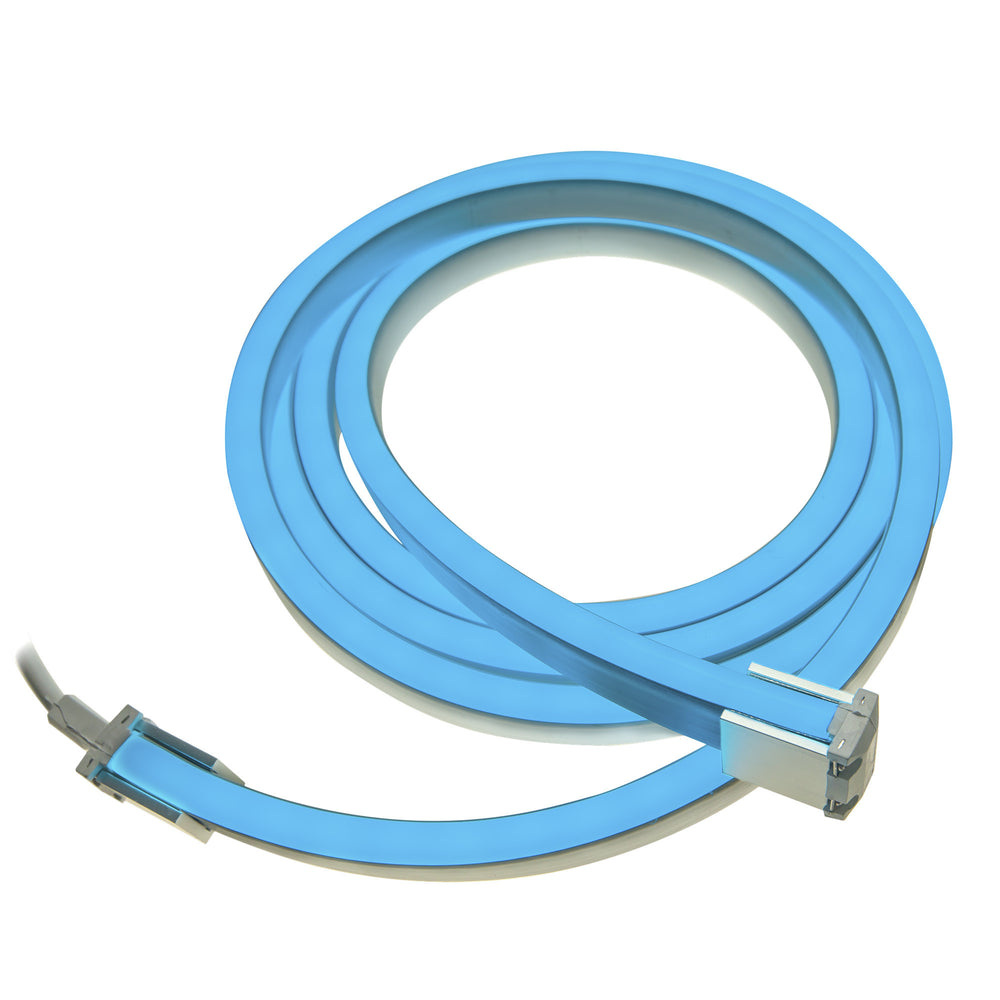 MossLED Neon FlexLED teal cyan RGB 24V flexible silicone neon LED strip coiled with power connectors on white background