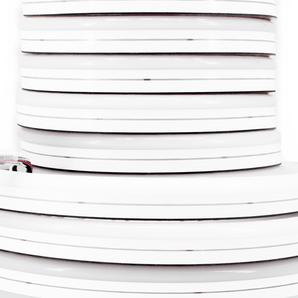 Moss LED Neon FlexLED V3 24V RGBW 2700K 480 LEDs/m close-up side view of coiled neon silicone LED strip reel on white background