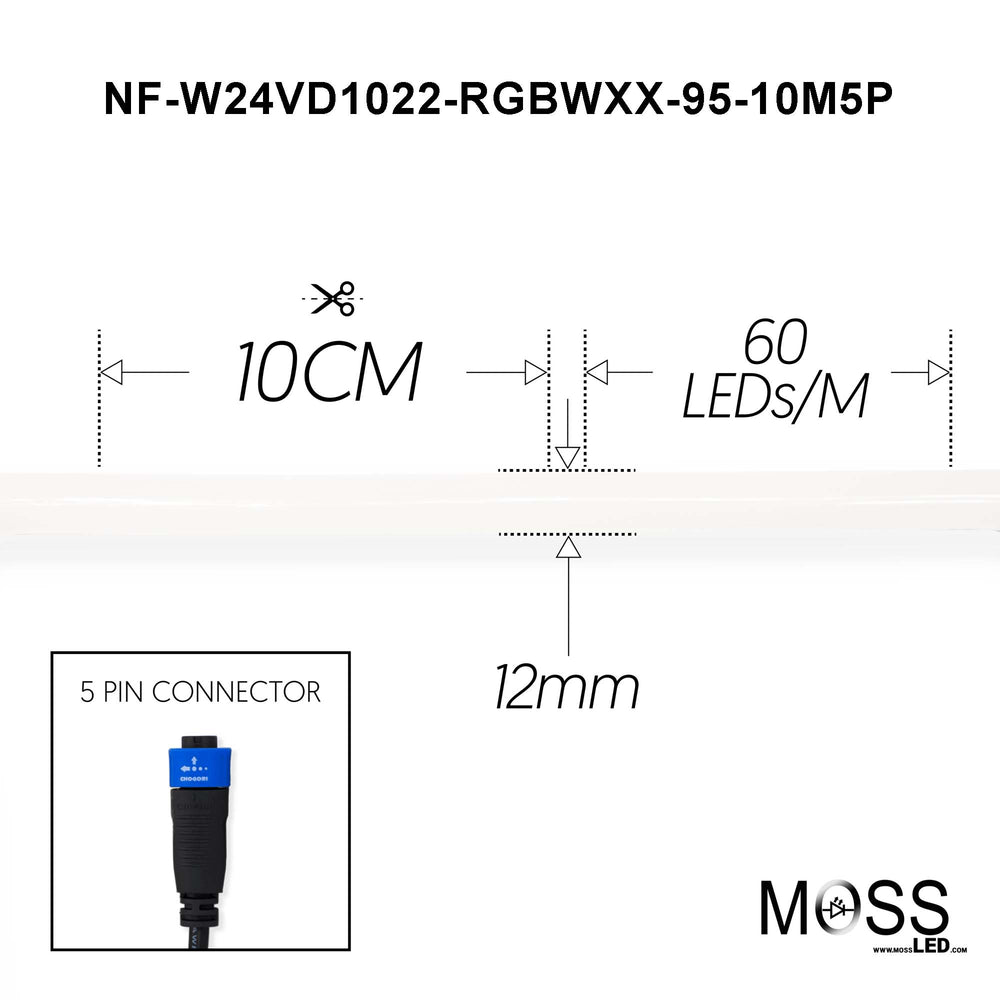 Moss LED Neon FlexLED V3 24V RGBWXX specification drawing showing 10CM cut intervals 60 LEDs/m 12mm width with 5-pin connector
