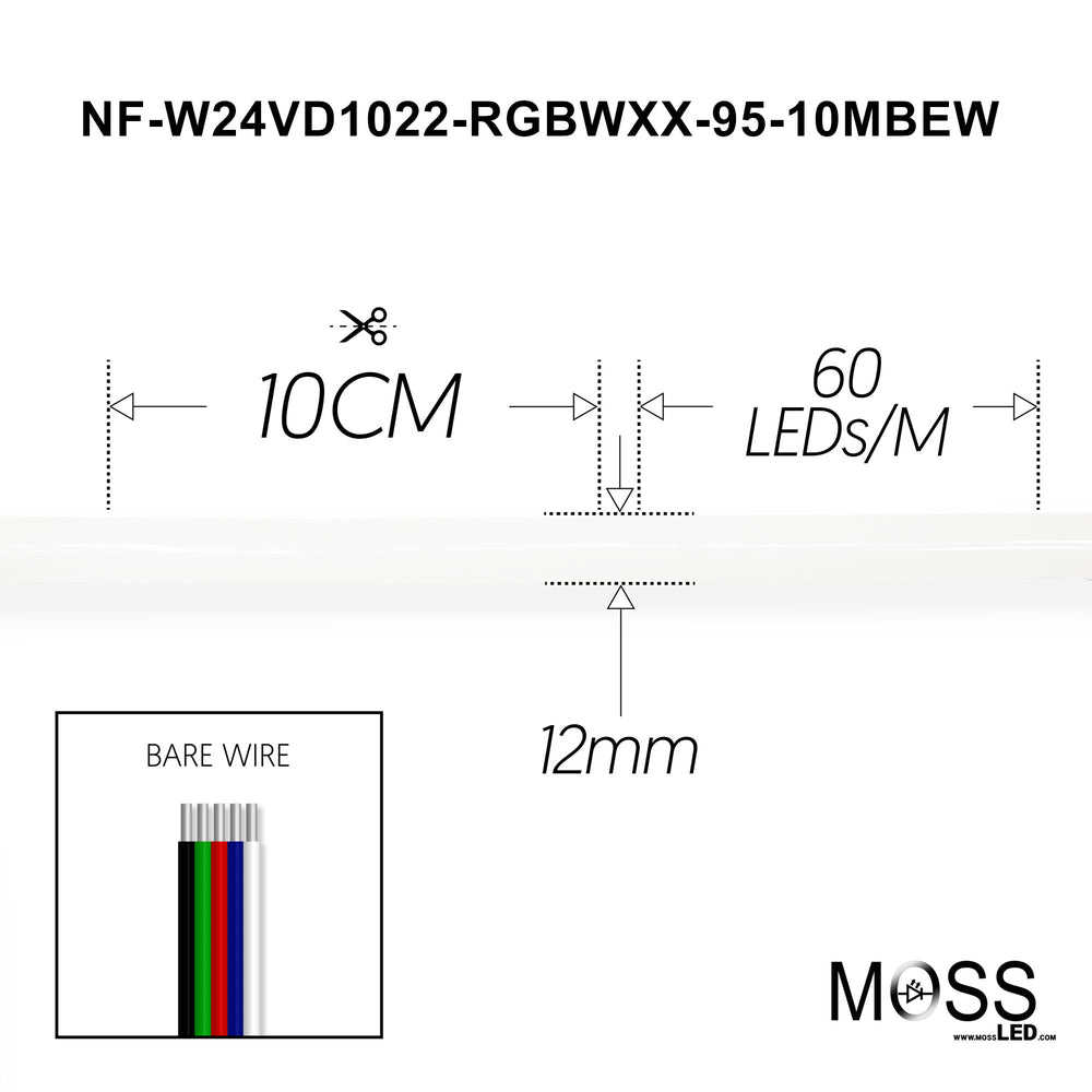 Moss LED Neon FlexLED V3 24V RGBWXX specification drawing showing 10CM cut intervals 60 LEDs/m 12mm width with bare wire end