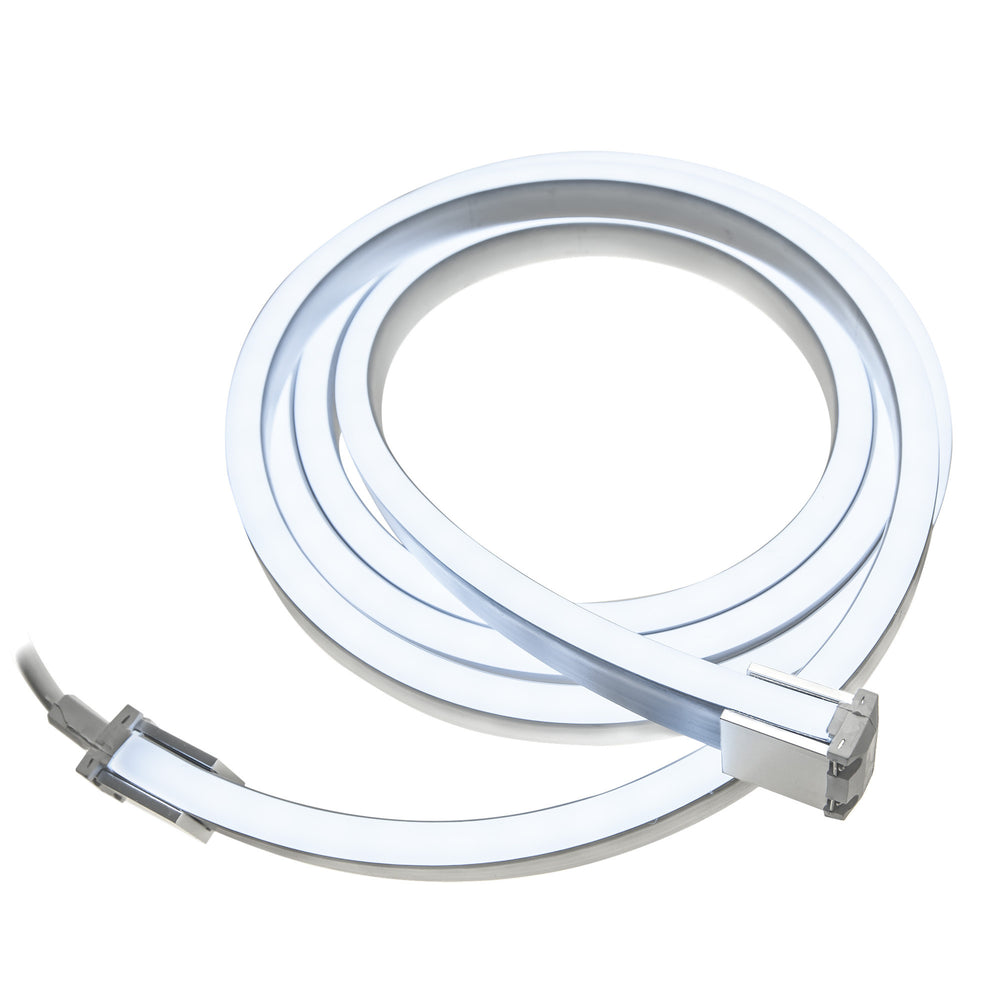 MossLED Neon FlexLED white RGB 24V flexible silicone neon LED strip coiled with power connectors on white background