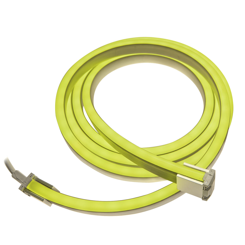 MossLED Neon FlexLED yellow RGB 24V flexible silicone neon LED strip coiled with power connectors on white background