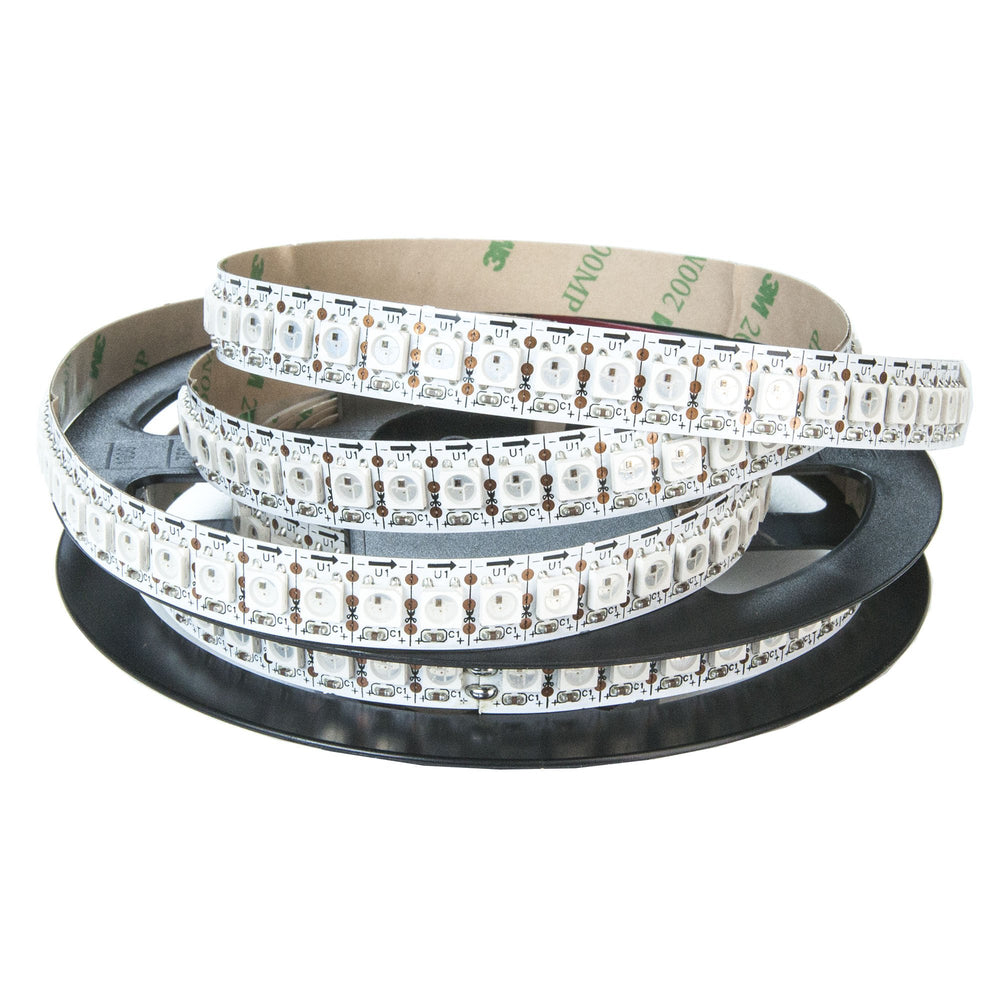 Moss LED Pixel FlexLED 5V RGB WS2812B 144 LEDs per meter black PCB loose coil on reel showing 3M adhesive backing