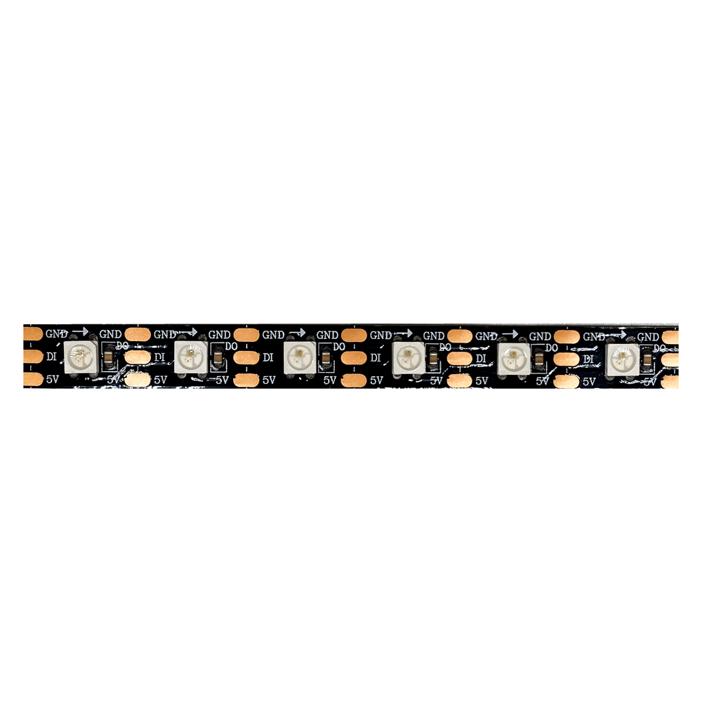 Moss LED Pixel FlexLED 5V RGB WS2812B 5050 RGB LED chip close-up on black PCB showing IC and LED diode