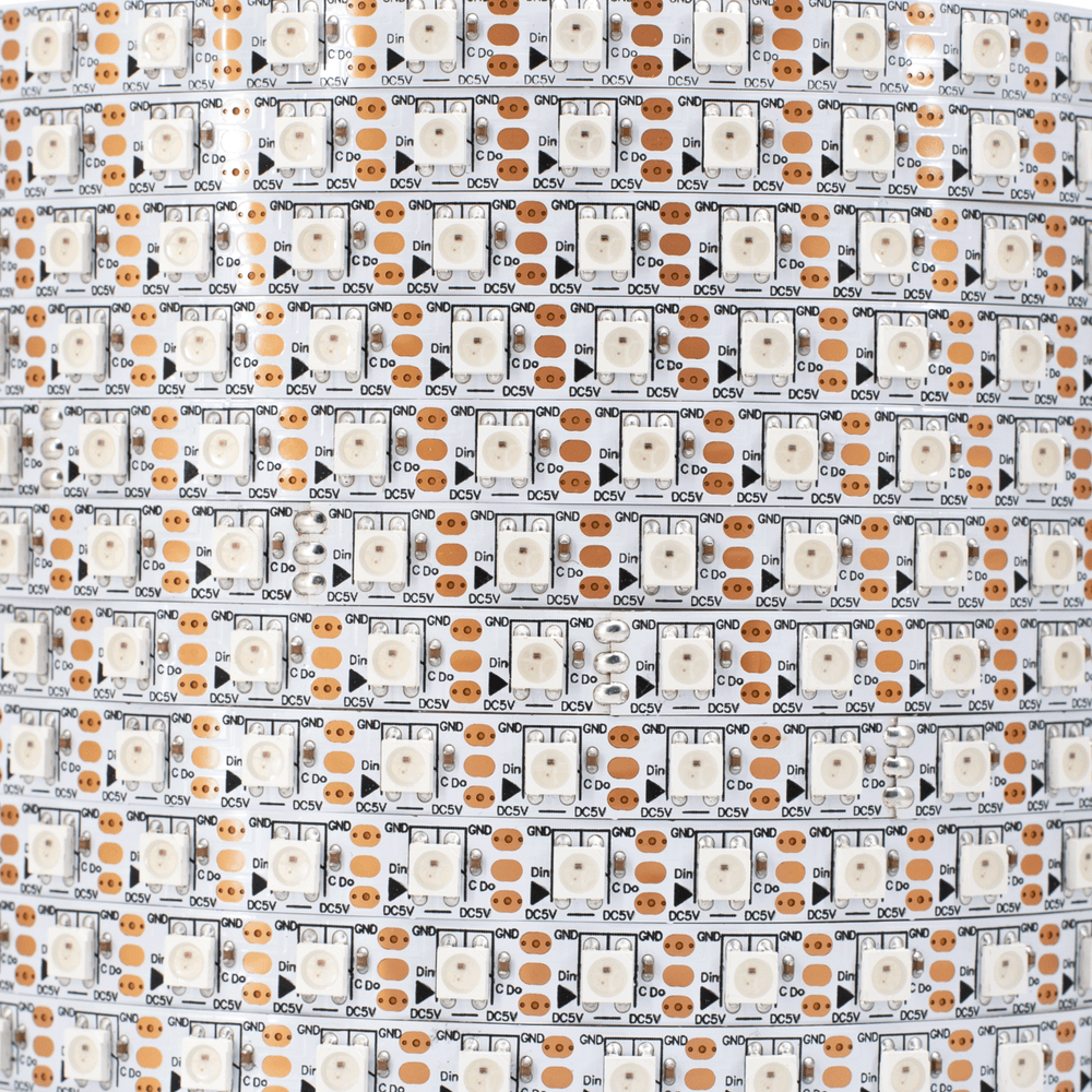 Moss LED Pixel FlexLED 5V RGB WS2812B 72 LEDs per meter close-up flat lay showing IC chips and RGB LED diodes