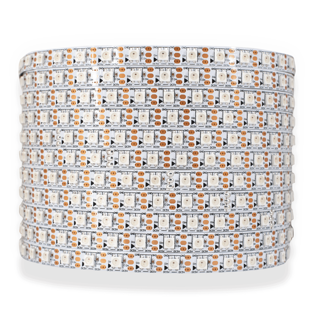 Moss LED Pixel FlexLED 5V RGB WS2812B LED tape coiled reel on white background showing RGB LEDs and IC chips