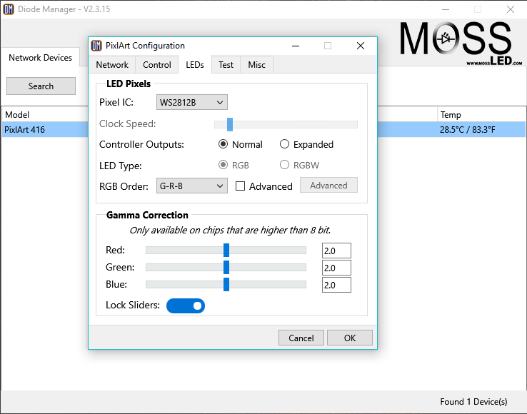 Moss LED PixlArt 416 Diode Manager software screenshot showing PixlArt Configuration dialog with LED pixel IC selection WS2812B gamma correction sliders RGB order and controller output settings