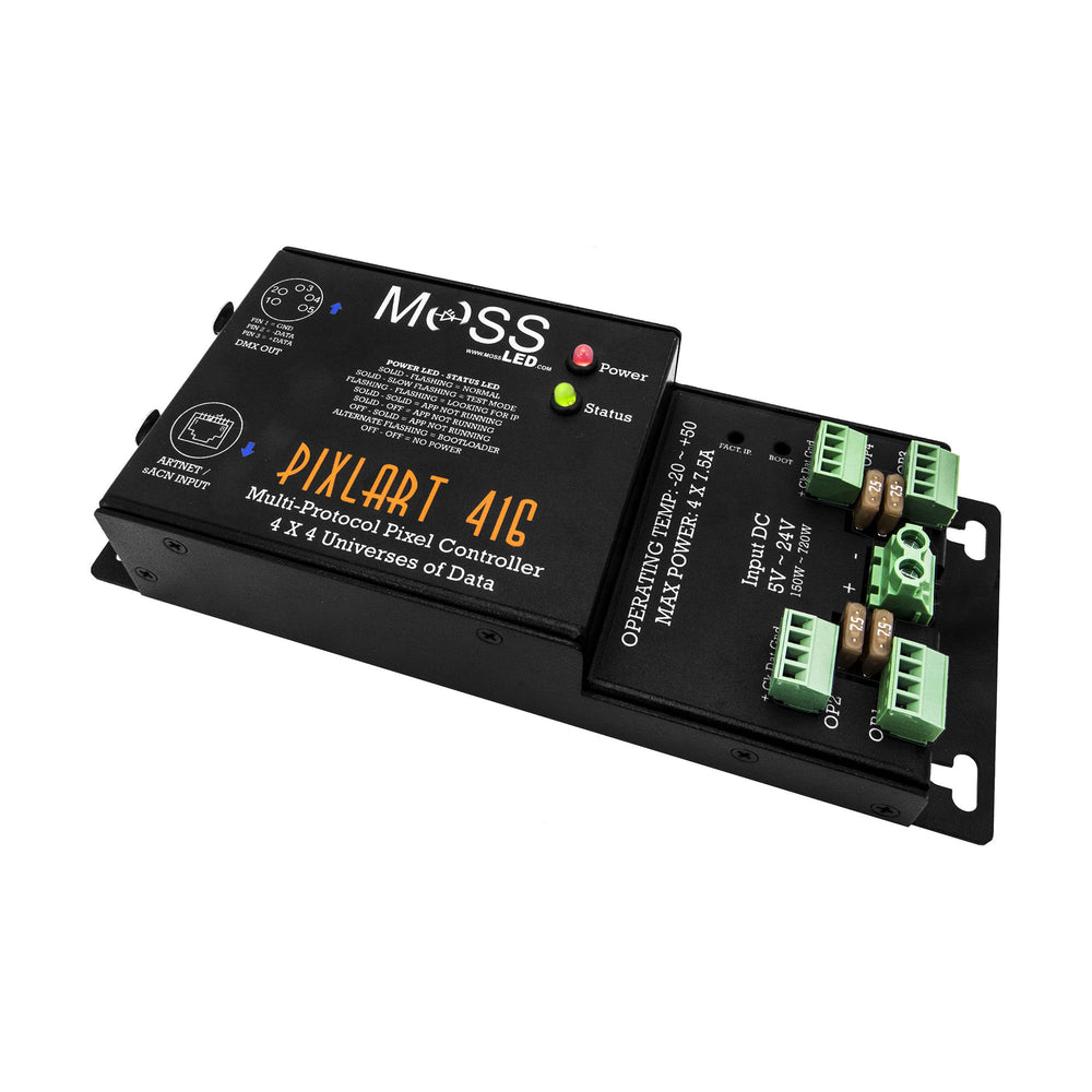 Moss LED PixlArt 416 multi-protocol pixel controller isometric view showing illuminated power and status LEDs green terminal blocks fused outputs and mounting bracket black housing