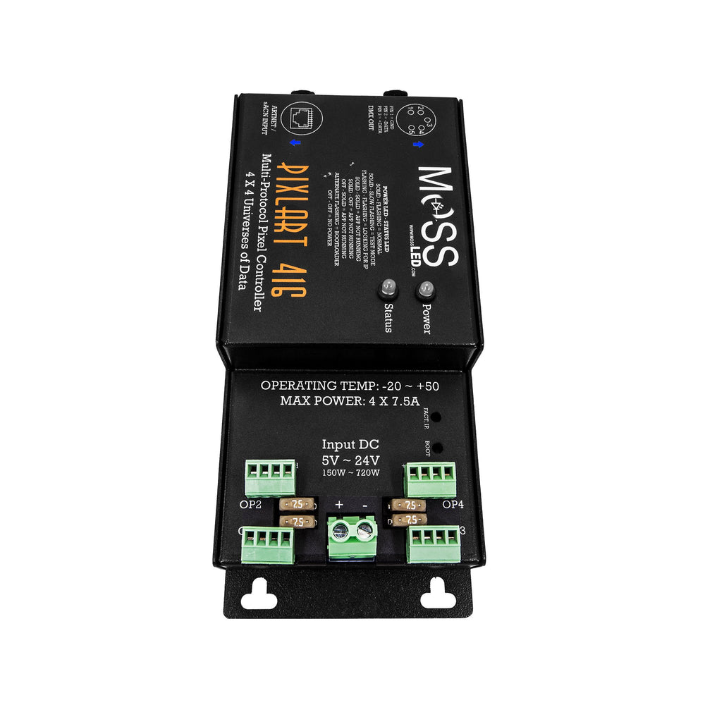 Moss LED PixlArt 416 pixel controller output side view showing DC input 5V to 24V four pixel output terminal blocks with fuses operating temperature specs and mounting bracket