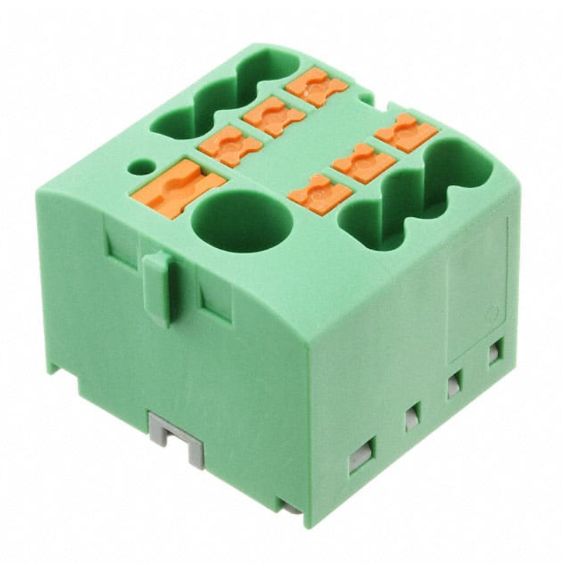 Moss LED power distribution block 7-pole 24A 600V green push-in terminal connector angle view