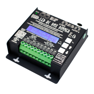 Moss LED Quad-LED HC DMX Decoder – Angled View Showing 4-Channel Terminal Block Outputs, Manual Control Buttons & LCD Display for Film & Stage LED Lighting