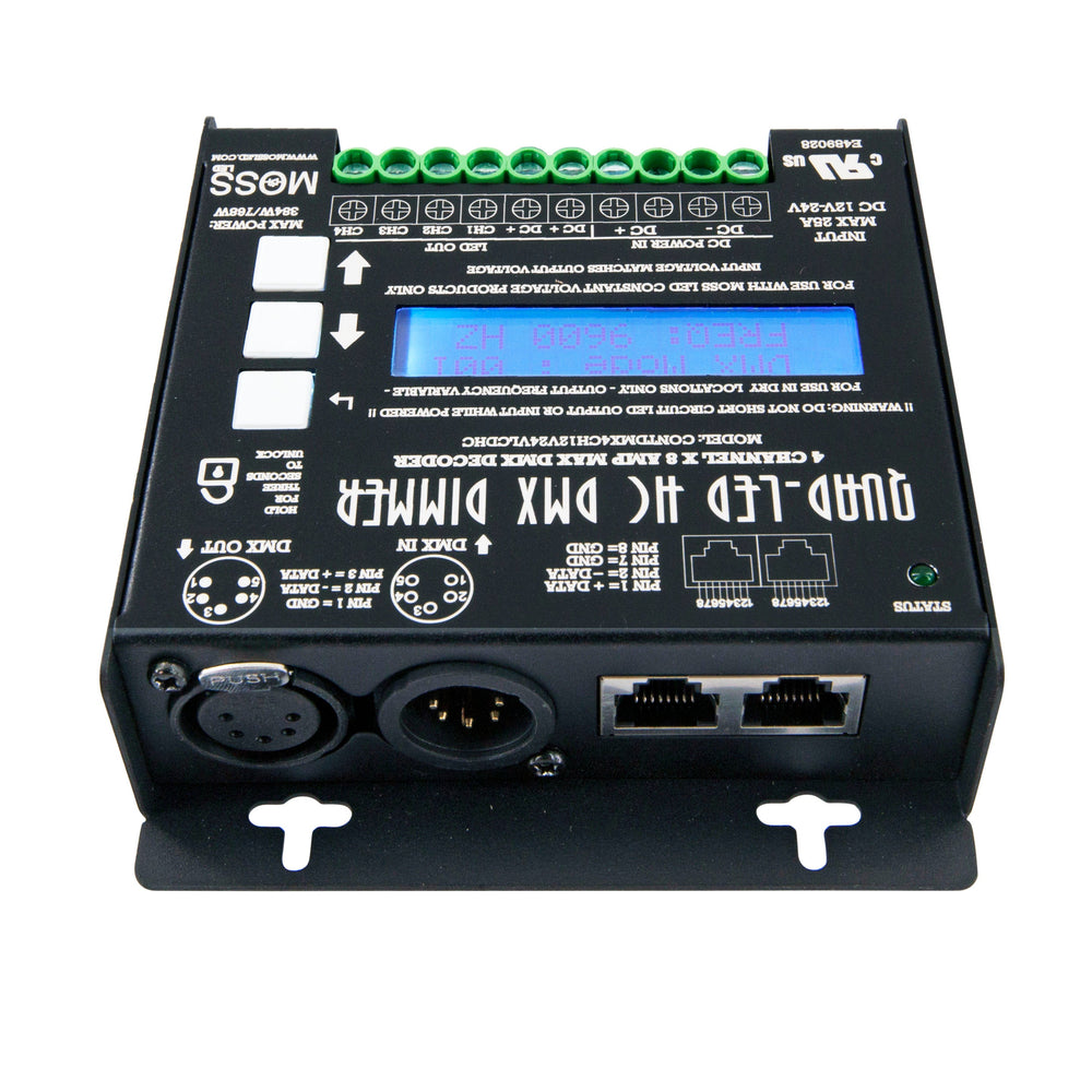 Moss LED Quad-LED HC DMX Decoder – Back View Showing 5-Pin XLR & Dual RJ45 DMX-512 Data Connectors, 4-Channel LED Output Terminal Block & Front Control Panel