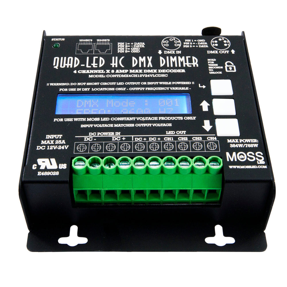 Moss LED Quad-LED HC DMX Decoder – Low Angle Front View Showing 4-Channel LED Output Terminal Block (CH1–CH4), DC Power Input, RJ45 DMX-512 Data Connectors, LCD Display & Control Panel for Film, Television & Stage Lighting