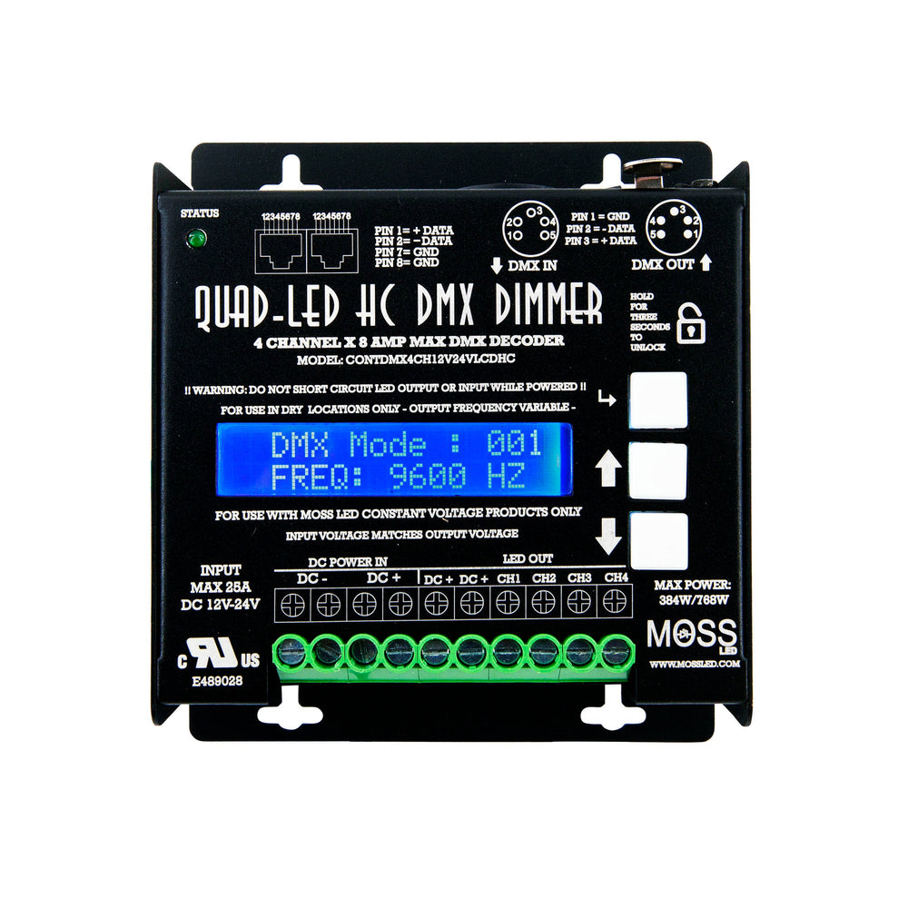 Moss LED Quad-LED HC DMX Decoder – Front Panel Detail: 4-Channel 8A 12–24V DC DMX-512 Decoder Showing LCD Display, RJ45 Pin Wiring Diagram & Variable Frequency Output for Film, Television & Stage Lighting