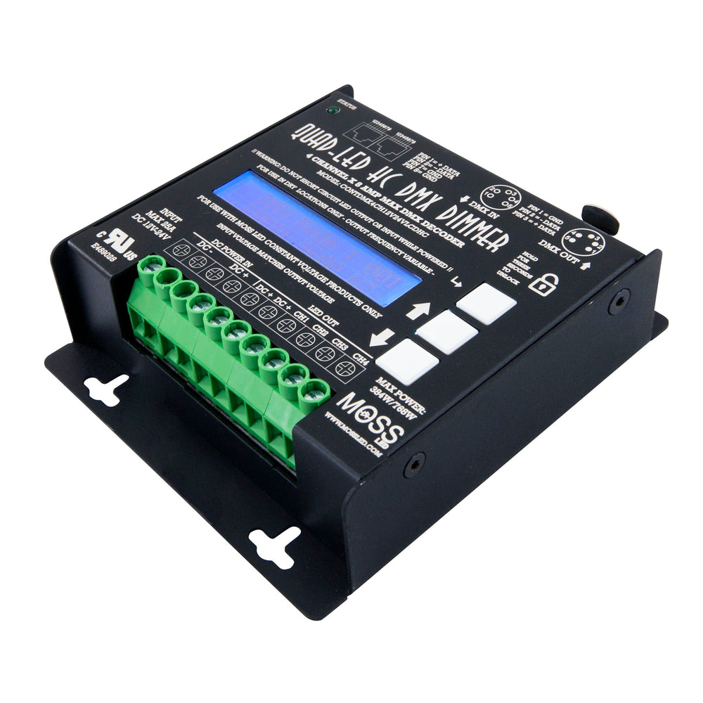 Moss LED Quad-LED HC DMX Decoder – Isometric View Showing 4-Channel LED Output Terminal Block, Front Control Panel, LCD Display & XLR DMX-512 Connectors for Film & Stage Lighting