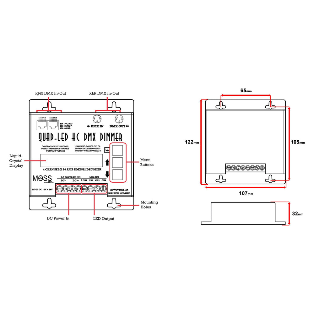 Moss LED Quad-LED HC DMX-512 Decoder – Dimensional Drawing: 107×122×32mm Enclosure with Labeled RJ45 & XLR DMX Ports, LCD Display, LED Output Terminal Block & Mounting Holes for Film & Stage Lighting