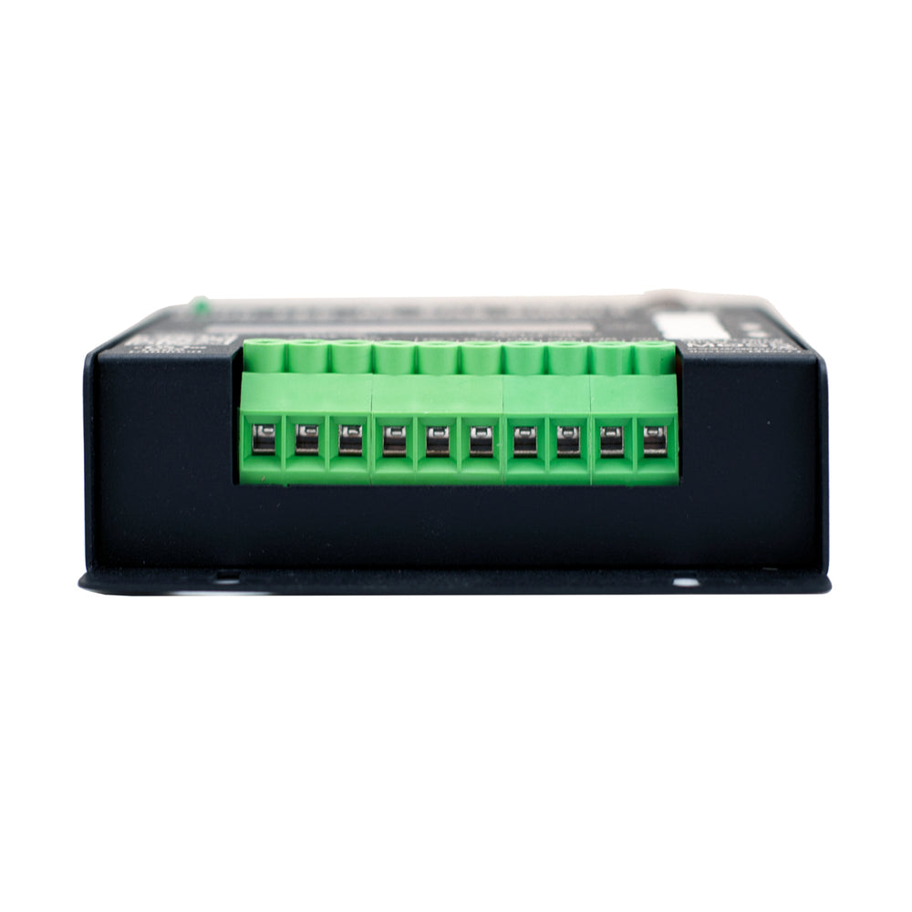 Moss LED Quad-LED HC DMX Decoder – Bottom Panel Showing 4-Channel LED Output Screw Terminal Block, 8A Per Channel, 12–24V DC for Film & Stage Lighting