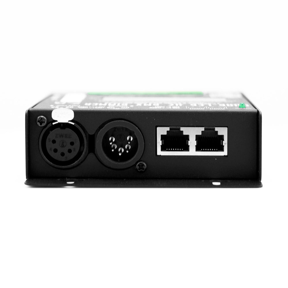 Moss LED Quad-LED HC DMX Decoder – Top Panel Showing 5-Pin XLR & Dual RJ45 DMX-512 Data Transmission Connectors for Film, Television & Stage Lighting Control