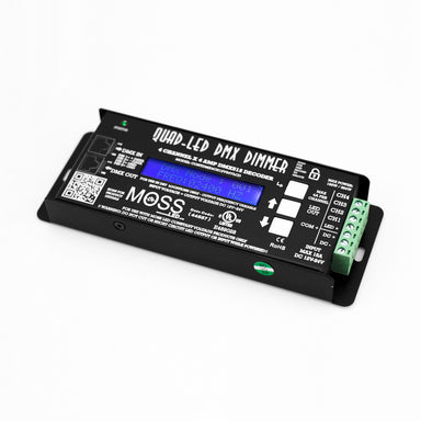 MossLED Quad-LED DMX 4-channel dimmer DMX512 decoder angle view showing LCD display green terminal block 4 channel outputs and MOSS branding on black enclosure