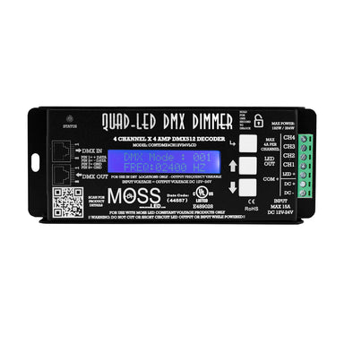 MossLED Quad-LED DMX 4-channel dimmer DMX512 decoder front view with LCD display showing DMX mode and frequency 4 channel outputs DC input 12V-24V black enclosure