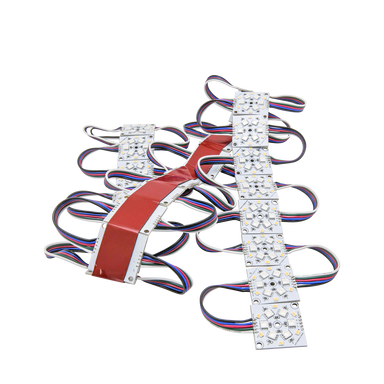 Moss LED RawModule 12-LED RGB+W – 24VDC, IP43 Indoor, Module Cluster Angled View Showing Flexible Chaining, SMD 5060 RGB + SMD 2835 White LEDs, 3M VHB Adhesive Mounting for Film, Television, Broadcast & Cinema Lighting