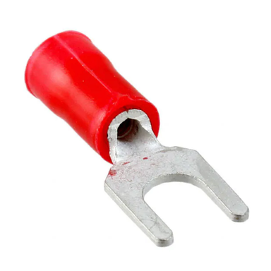 Moss LED red insulated fork spade crimp terminal connector closeup showing red vinyl insulation sleeve silver tin-plated copper fork prong for wire splicing and electrical connections on white background