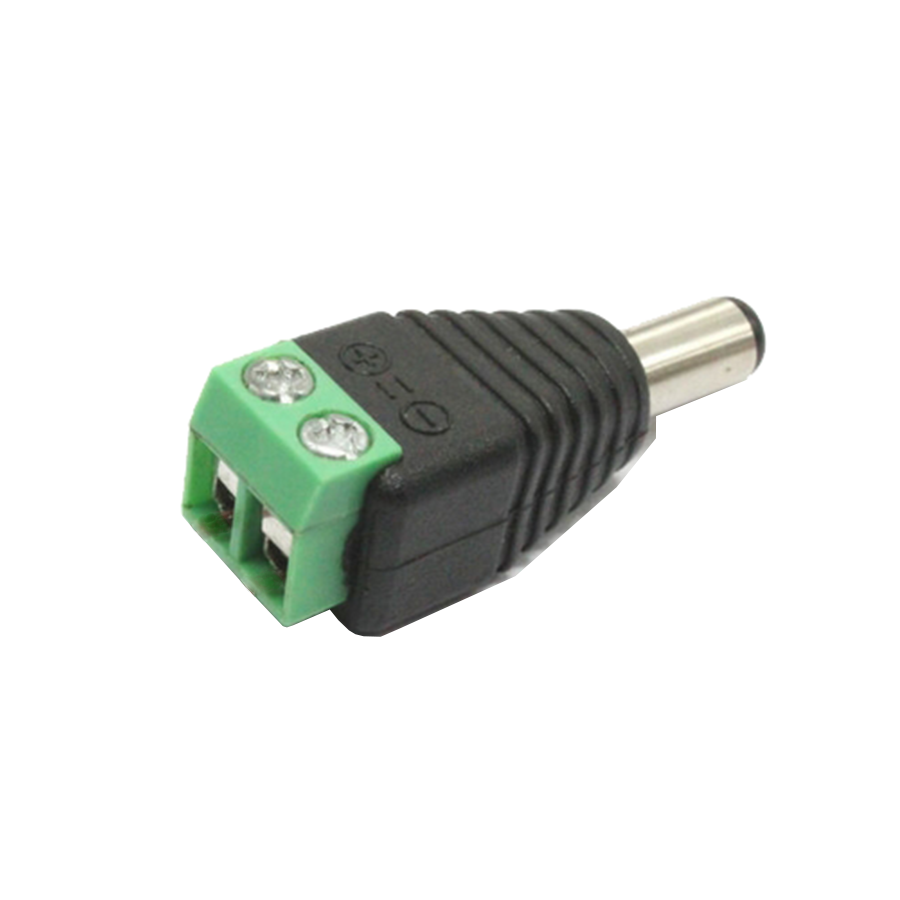 Moss LED screw terminal block to DC barrel male connector 5.5x2.1mm green terminal with black housing angled view for LED strip power connection