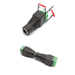 Moss LED screw terminal block to DC barrel connector male and female pair showing dimensions 12.5mm 14.5mm green terminal with black housing for LED strip power connection