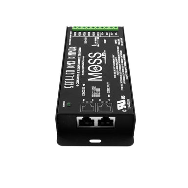 Moss LED Seni-LED DMX 6-channel dimmer angle view showing RJ45 DMX in out ports green terminal block connector status LED and MOSS branding on black enclosure