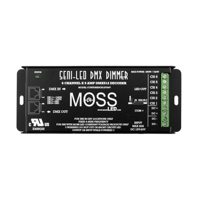 Moss LED Seni-LED DMX 6-channel 5-amp DMX512 decoder dimmer top view showing MOSS branding 6 channel LED outputs RJ45 DMX in out ports DC 12V-24V input black enclosure