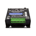 Moss LED Seni-LED High Current DMX 6 channel dimmer front angled view showing green output terminals LCD display and channel connectors black housing