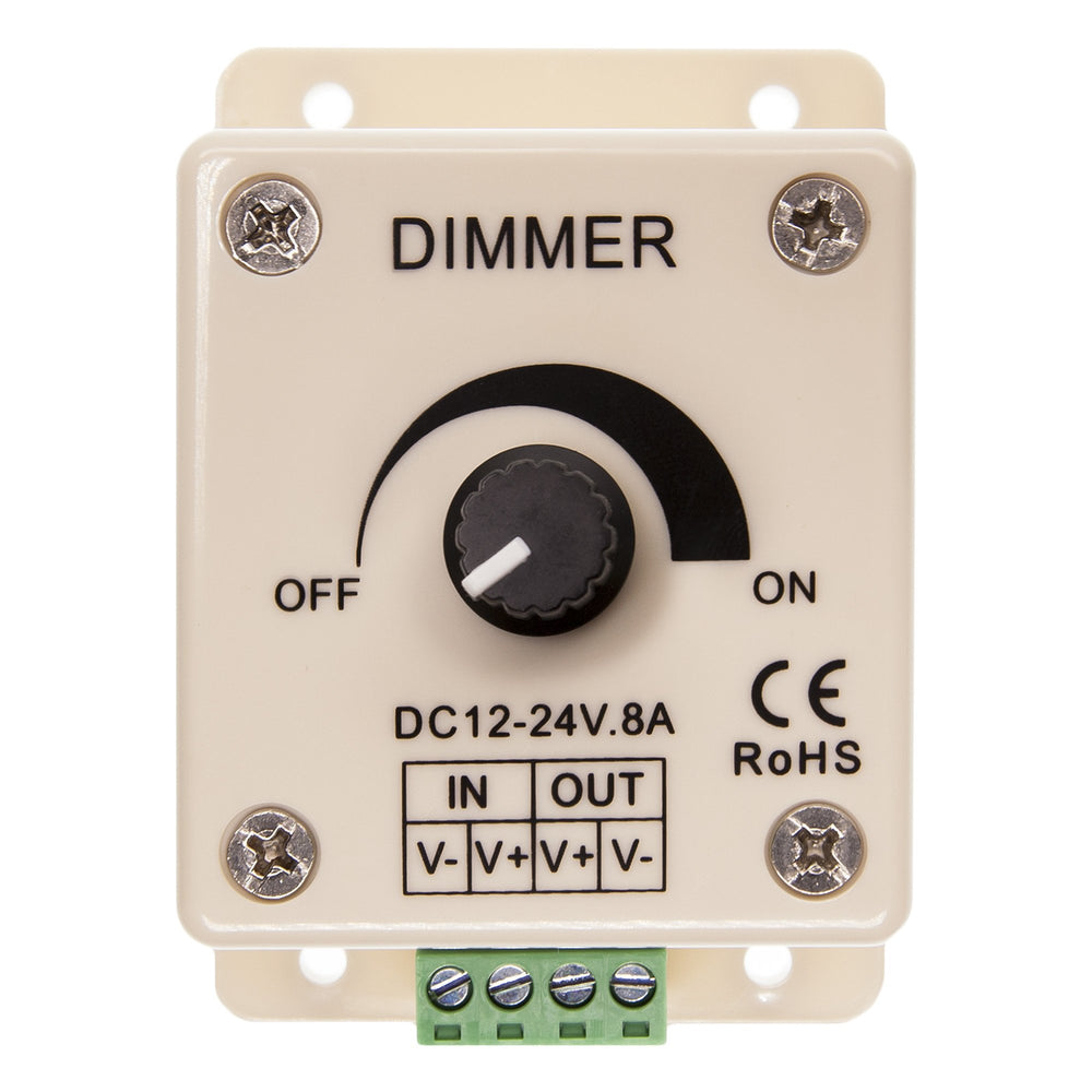 Moss LED single channel rotary dimmer front view showing black knob with OFF and ON markings DC 12-24V 8A with green screw terminal block V- V+ input output on white background